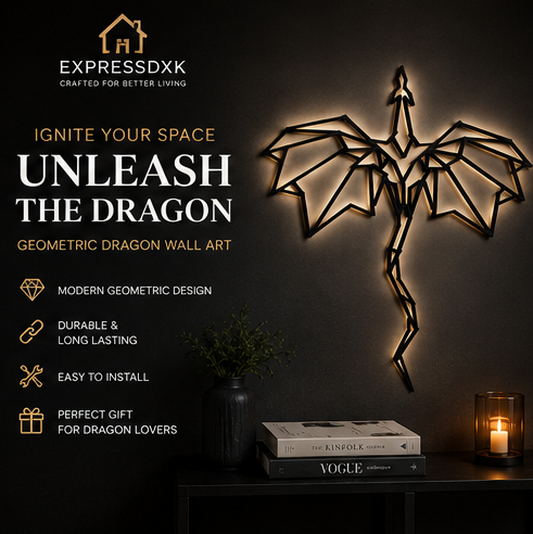 Premium Handmade Geometric Dragon Wall Art – Modern Black Wall Hanging for Living Room, Bedroom, Office & Gaming Room (100 × 80 cm)