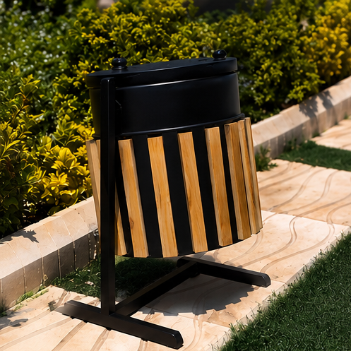 Premium Handmade Metal & Wooden Outdoor Dustbin with Stand | Weather-Resistant Garden Waste Bin